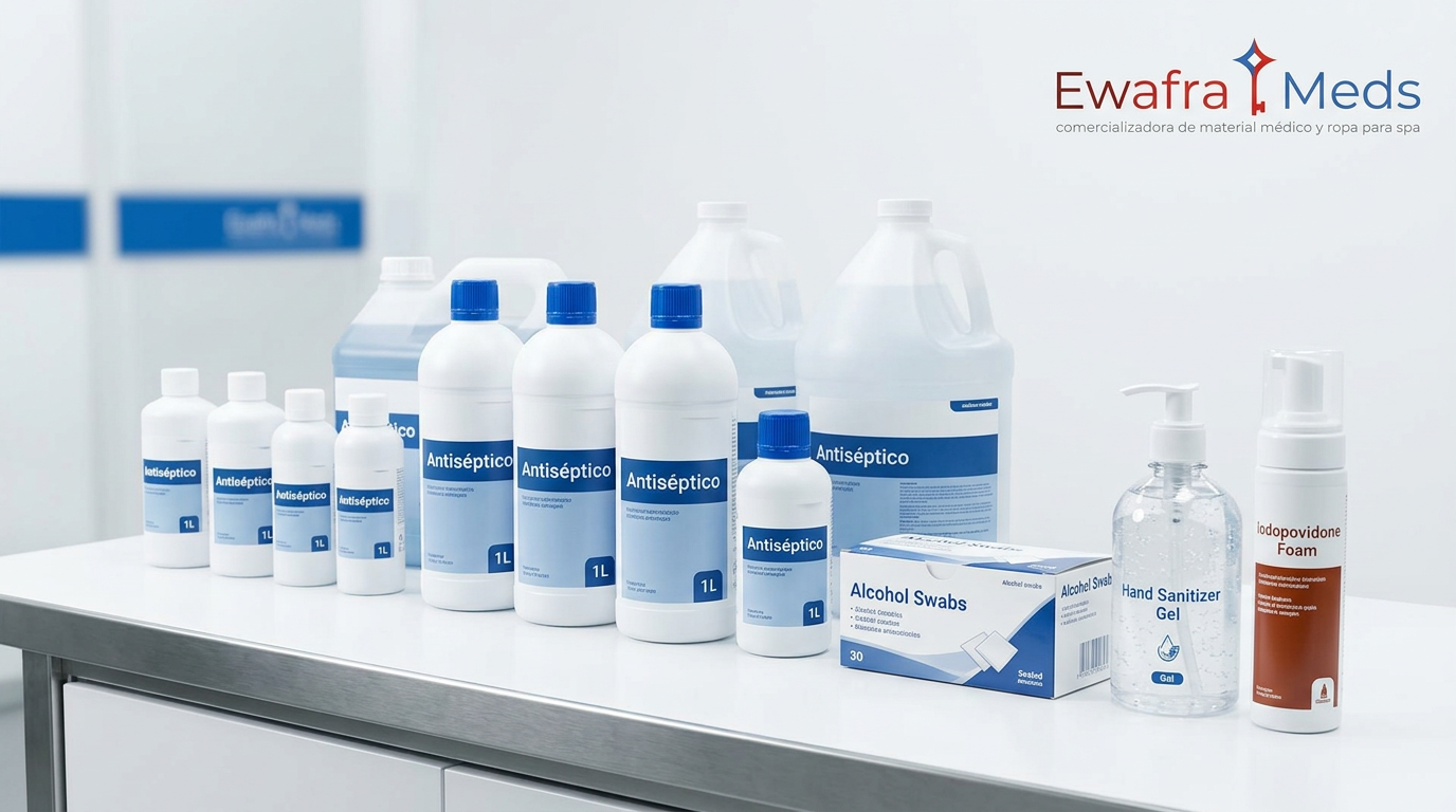 Antisépticos y esterilizantes para clínicas al mayoreo: iodopovidona, alcohol etílico, gel antibacterial y torundas distribuidos por Ewafra Meds CDMX |